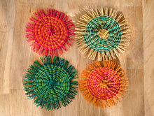 Load image into Gallery viewer, Set of 2 Handwoven Pink & Orange Natural Straw Coasters