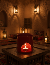 Carregar imagem no visualizador da galeria, Red ceramic oil burner in a cozy arabian ambience at night