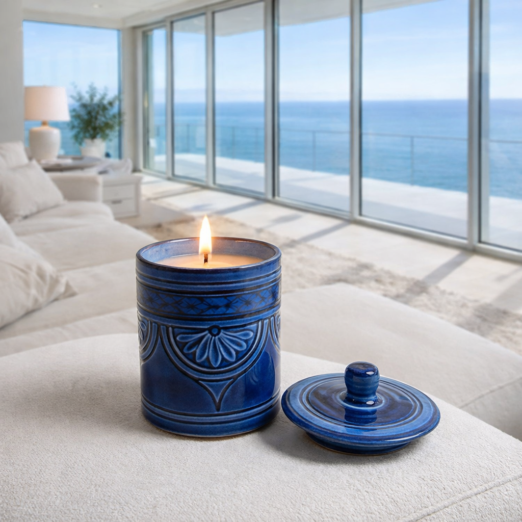 Carved Blue Ceramic Candle