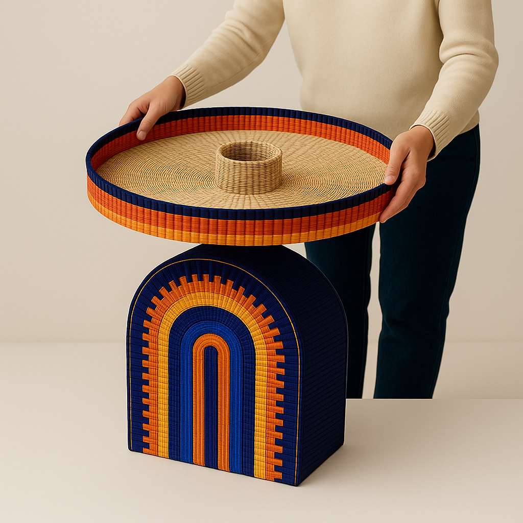 Lifting the woven tray off the Amira base