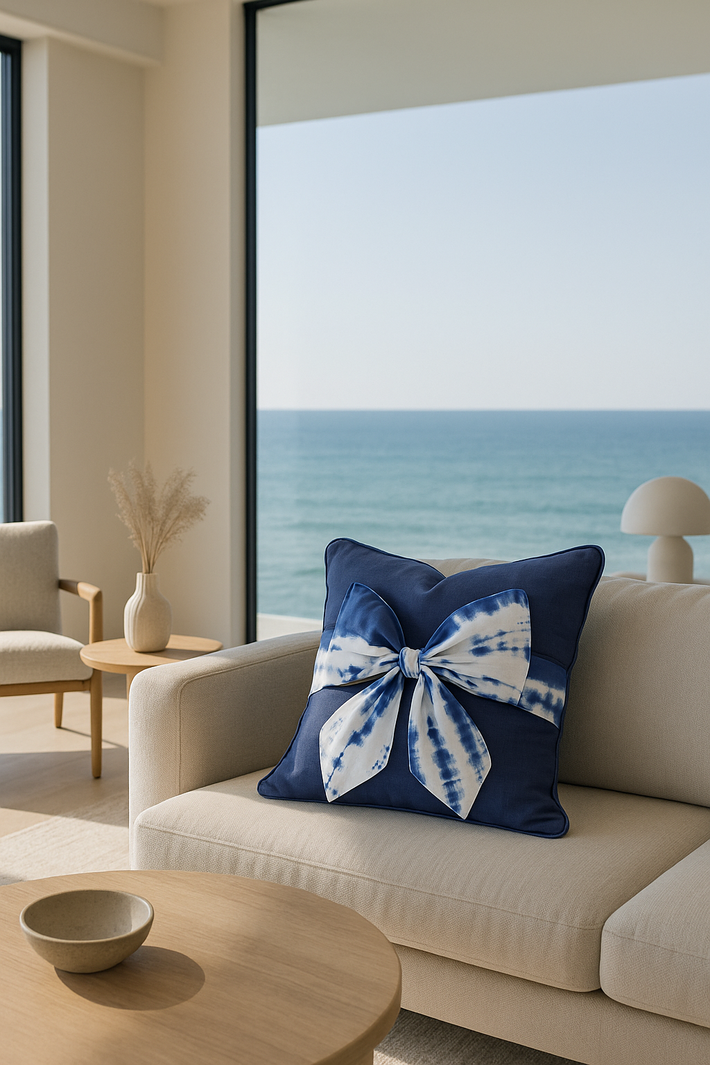 Navy cushion with an indigo and white tie-dye bow on a beige sofa in an ocean-view living room