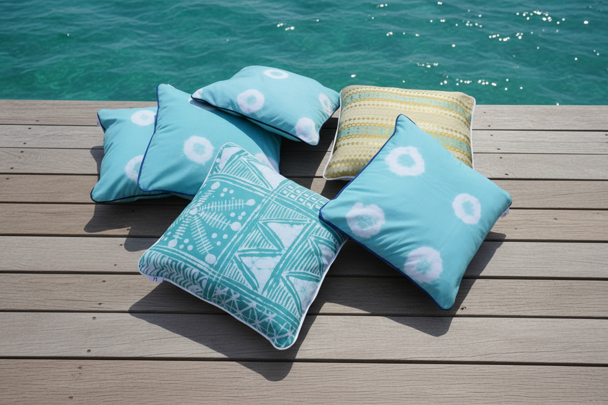 Turquoise circular tie-dye cushions with indigo and yellow patterned cushions grouped on a wooden deck