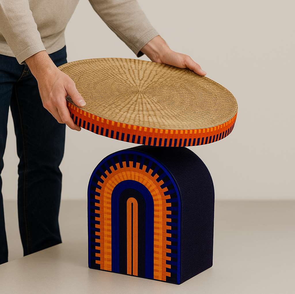Placing the woven round top on the Amira arch base to form a coffee table