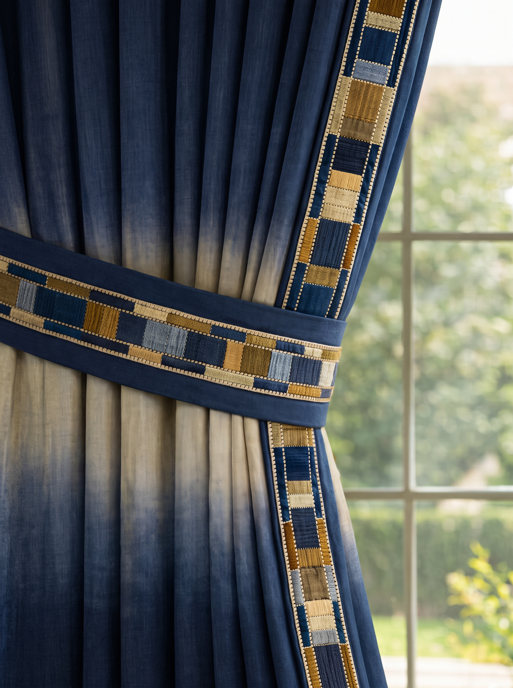 Indigo curtain with handwoven geometric trim in blue, ochre and natural tones