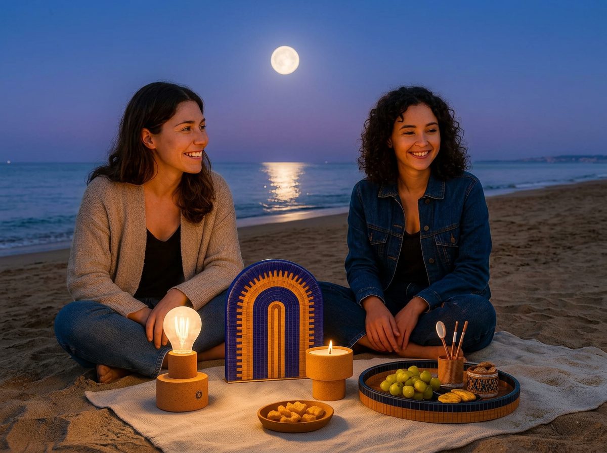 Friends sitting together on the beach at blue hour around the Amira tray, Sahra lamp and ceramic candle under the moon