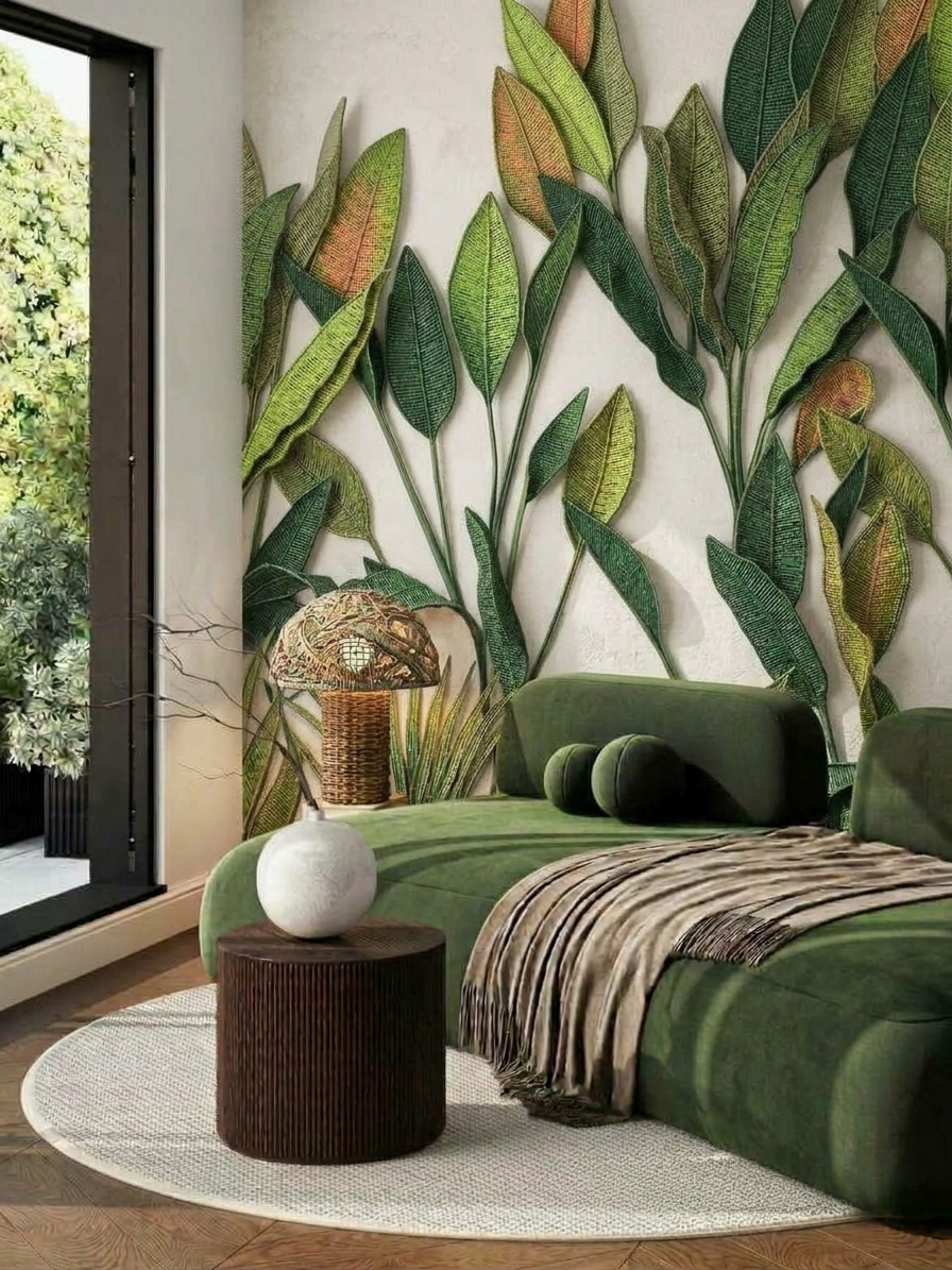 Green velvet sofa and woven lamp in front of a wall of sculpted banana leaves