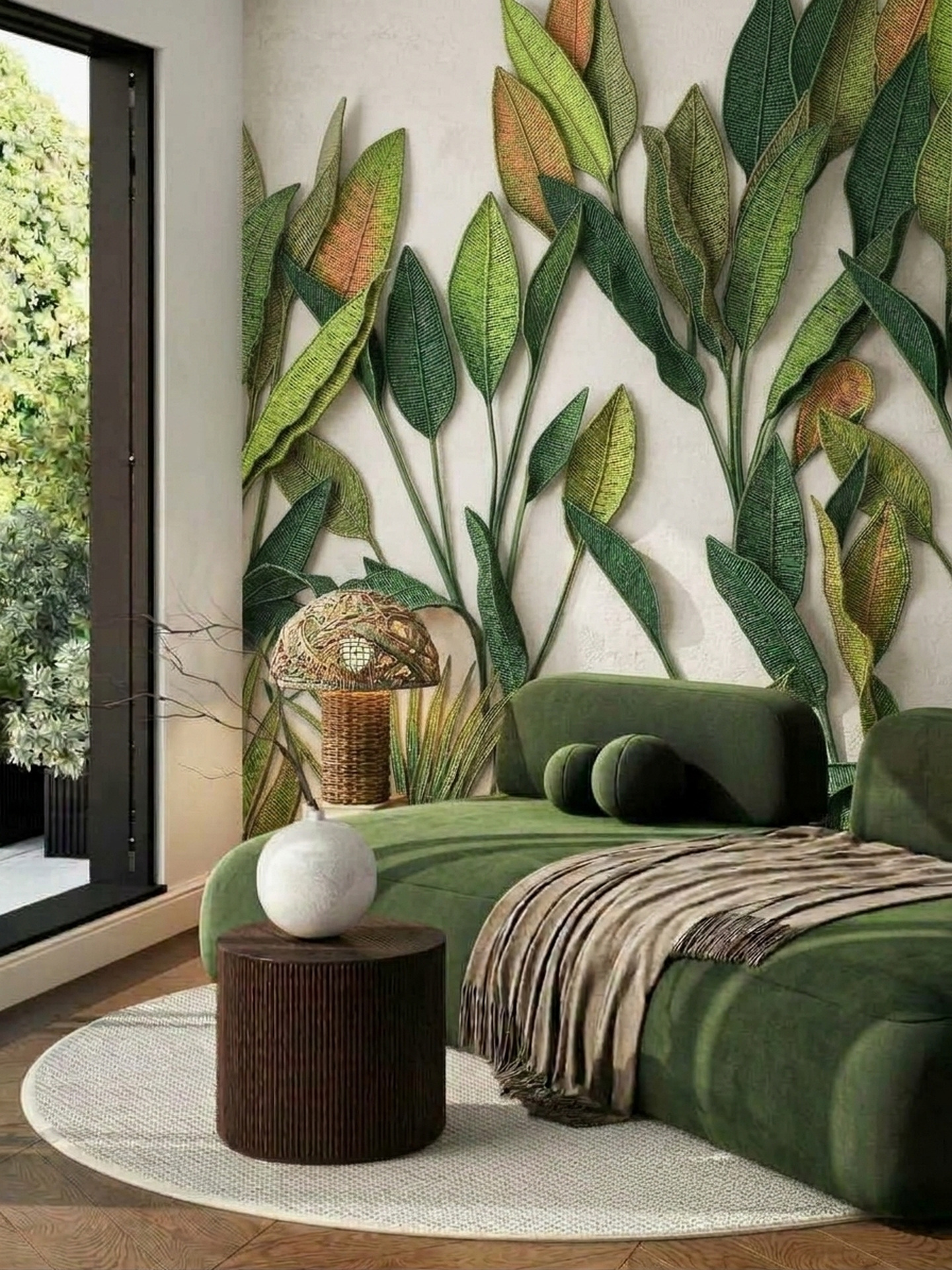 Oversized green woven leaf wall installation in a contemporary bedroom