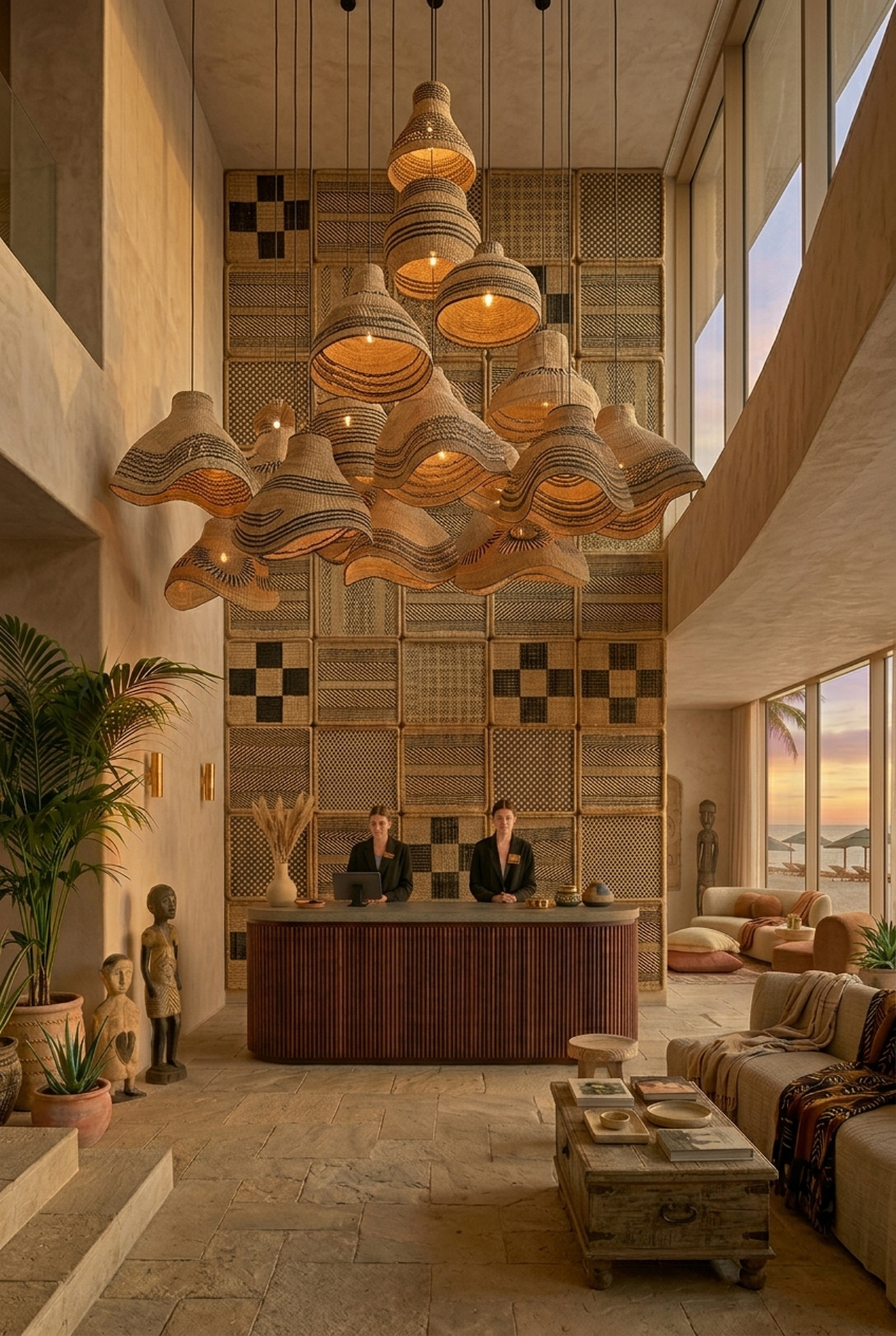 Large cluster of sculptural woven pendant lights above a warm hotel lobby reception