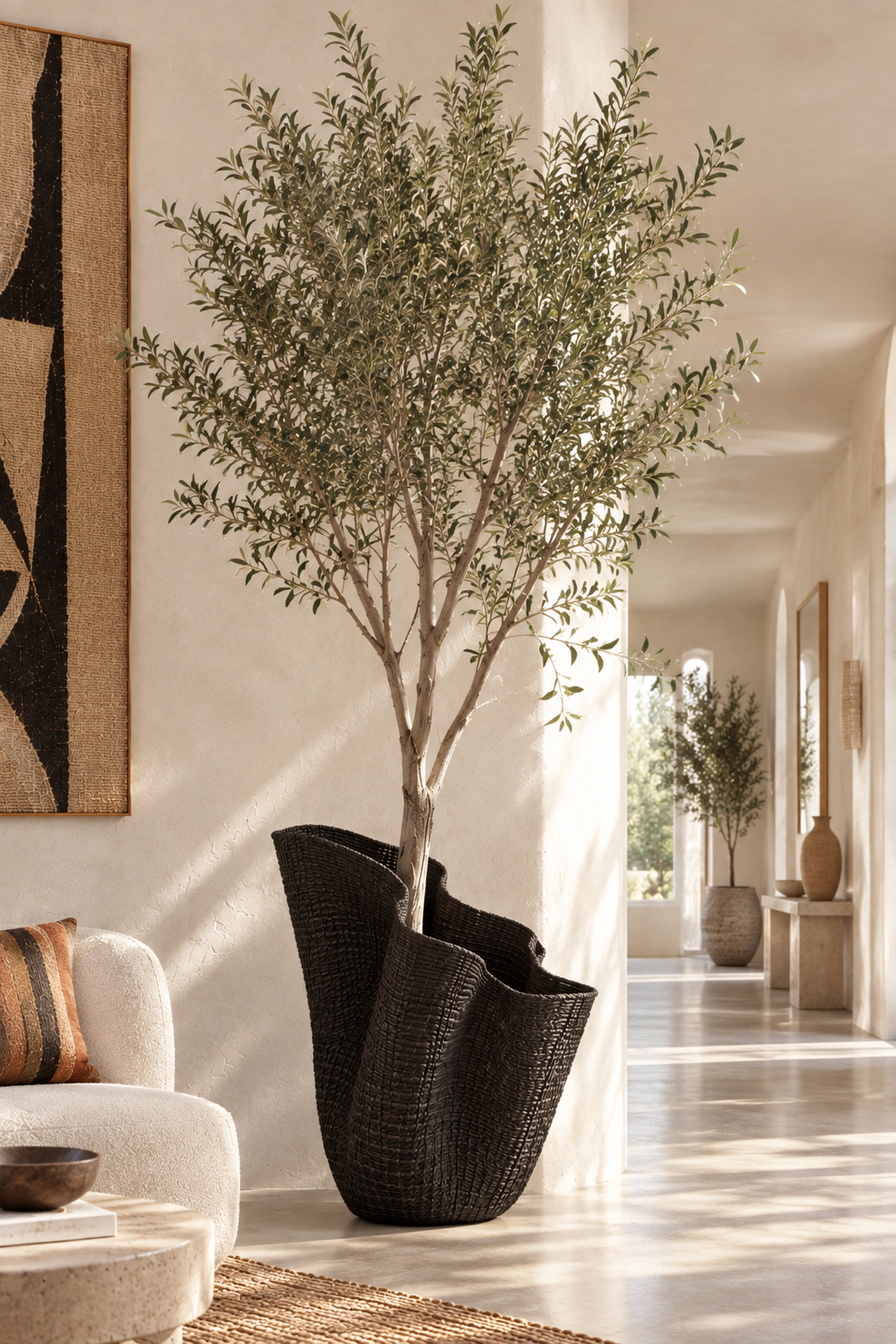 Sculptural black woven planter holding an olive tree in a sunlit neutral interior