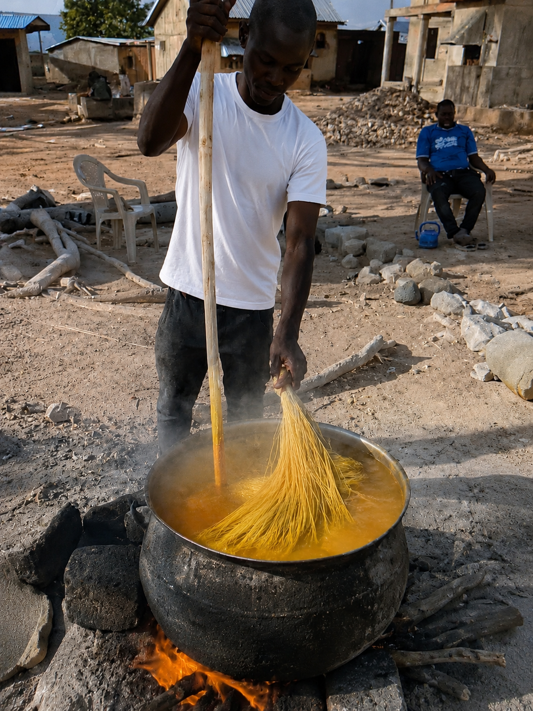 A Bolgatanga artisan dyeing elephant grass straw in a steaming pot of yellow dye over an open fire.