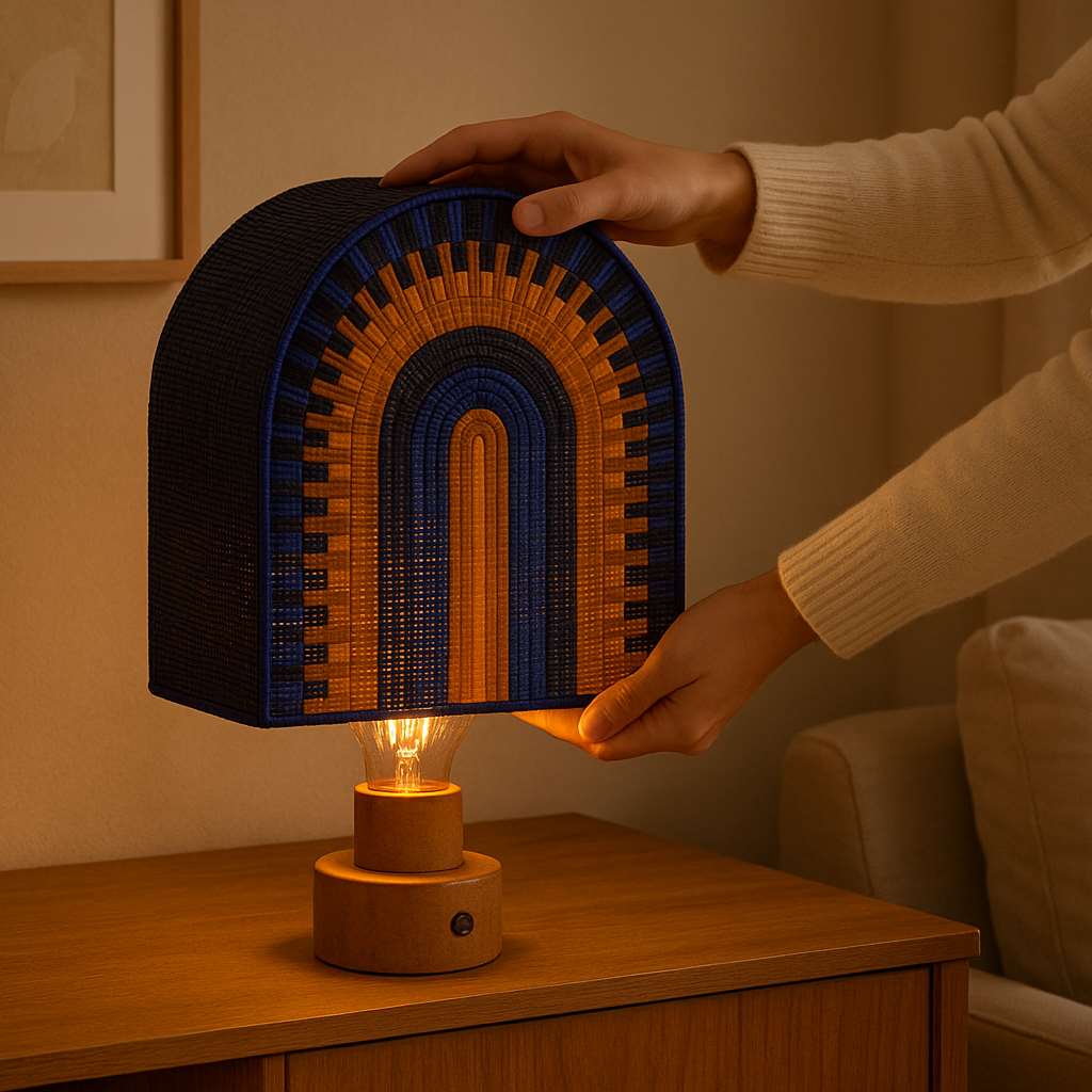 Hands adjusting the glowing Sahra lamp with its woven arch shade