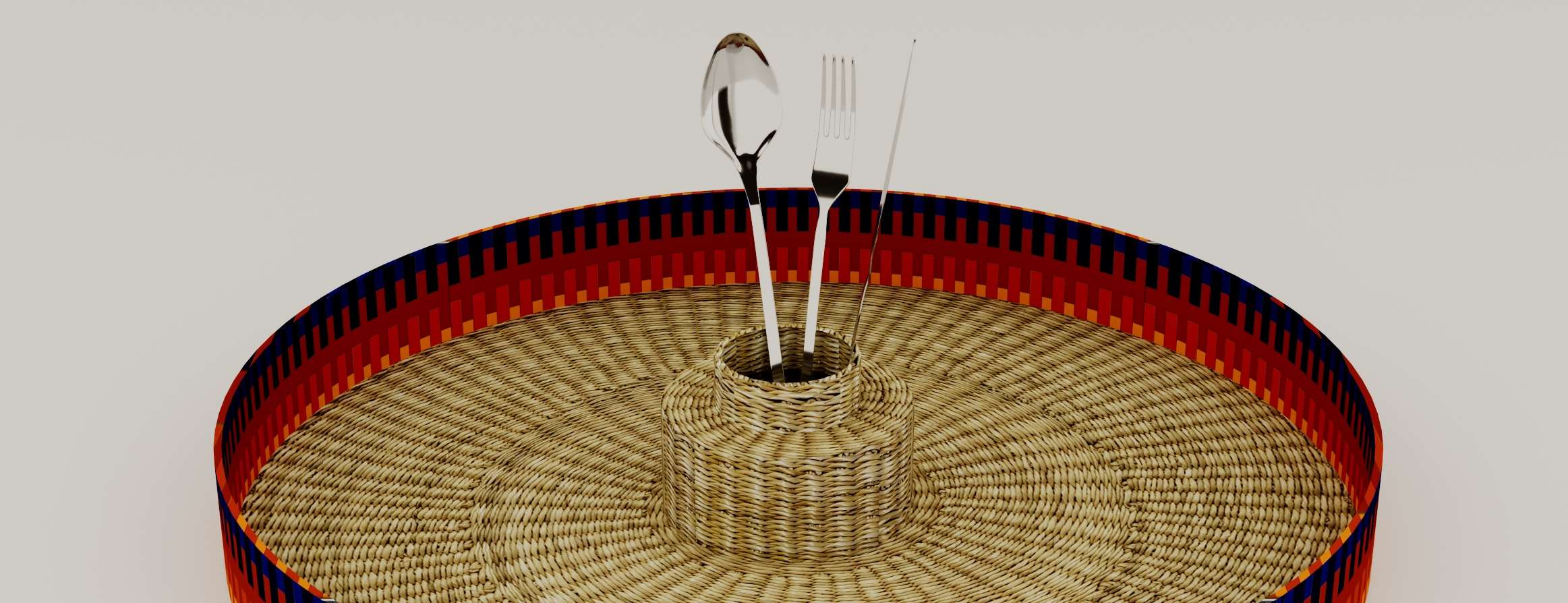 Close-up of the Amira serving tray with woven cutlery holder