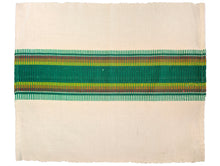 Load image into Gallery viewer, A handwoven cotton placemat featuring a geometric pattern with stripes in various colors including green, yellow, orange and white.
