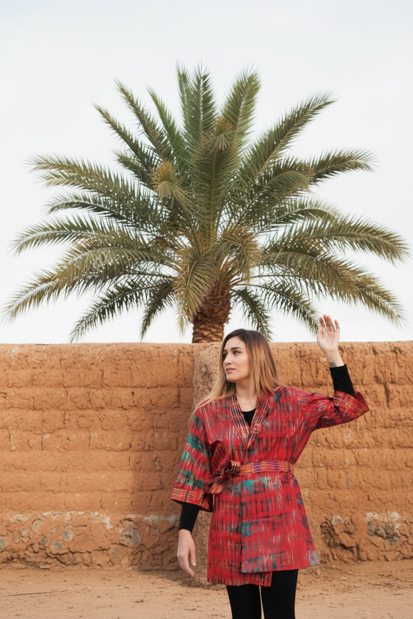 A person wearing a red and green tie-dye kimono with a collar, standing outdoors with an adobe wall and palmtree in the background.