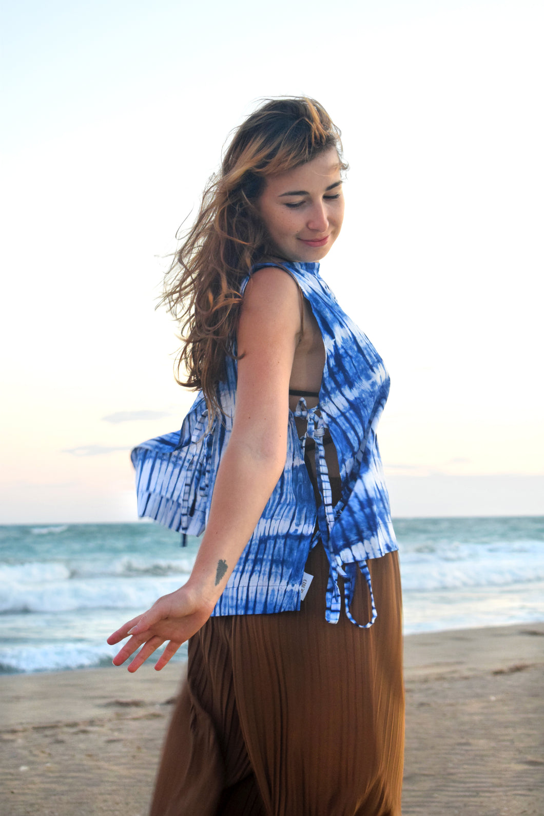 Striped Indigo Tie&Dye top with side and back strings