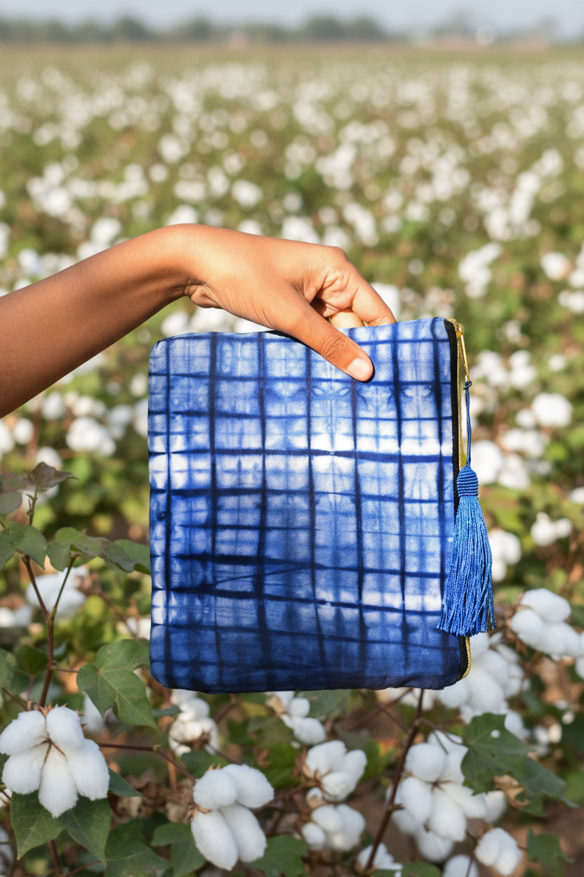 Hand holding a blue checkered tie-dye clutch with a tassel against a cotton field 