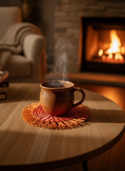 Mug on pink orange woven coaster next time fireplace