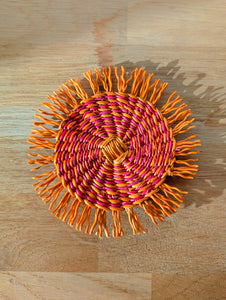 Handwoven Orange & Pink Natural Straw Coasters