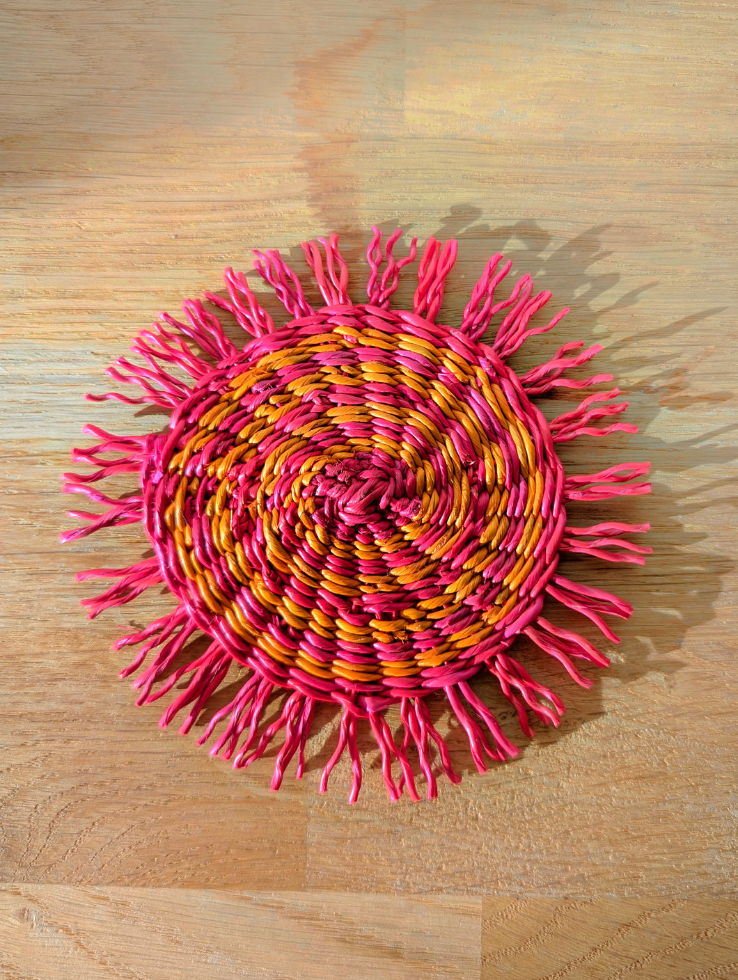 Handwoven Pink & Orange Natural Straw Coasters