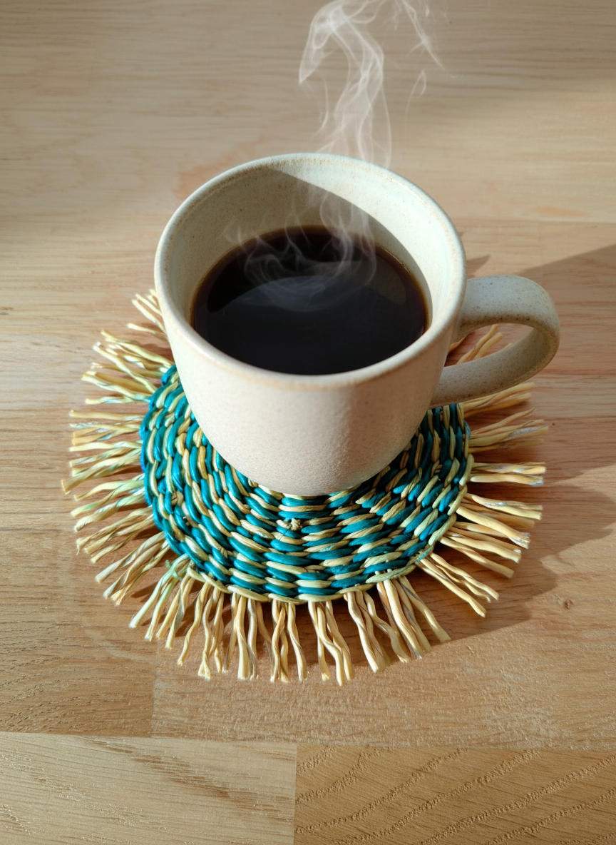 Set of 2 Handwoven Dark Green and Natural Straw Coasters