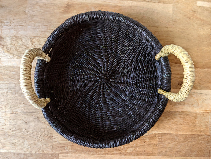 Black Round Handwoven Tray with Handles