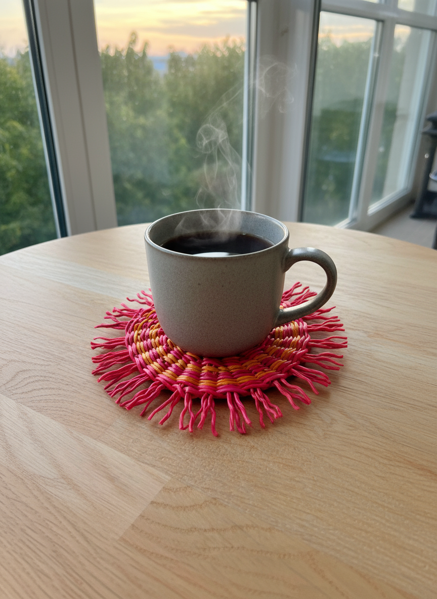 Pink coaster with mug next to glazing