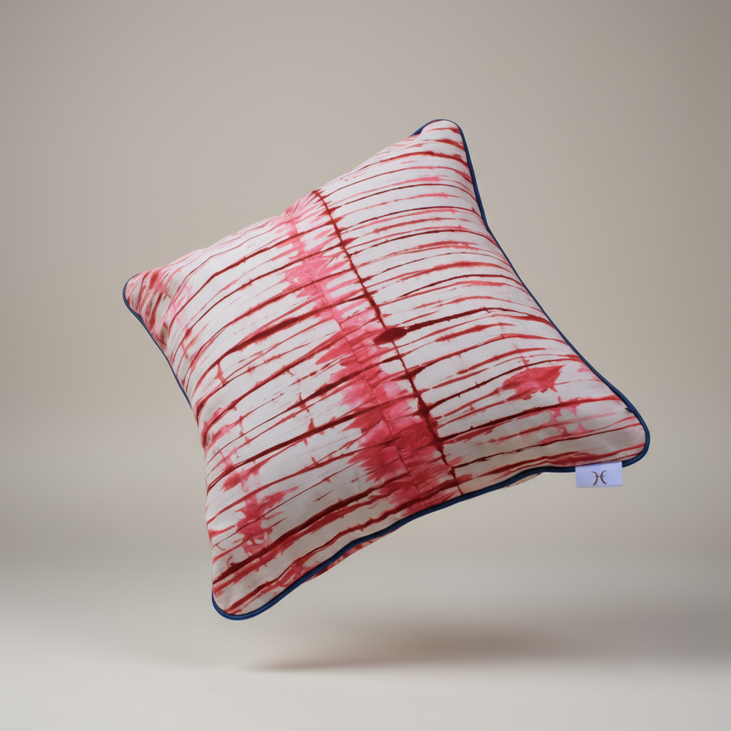 Pink tie dye cushion cover with blue piping