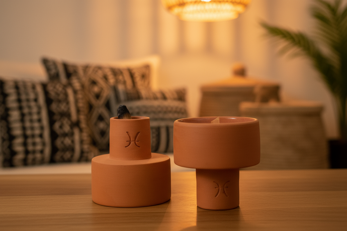 Two terracotta recipients on a wooden table with a blurred living room background.