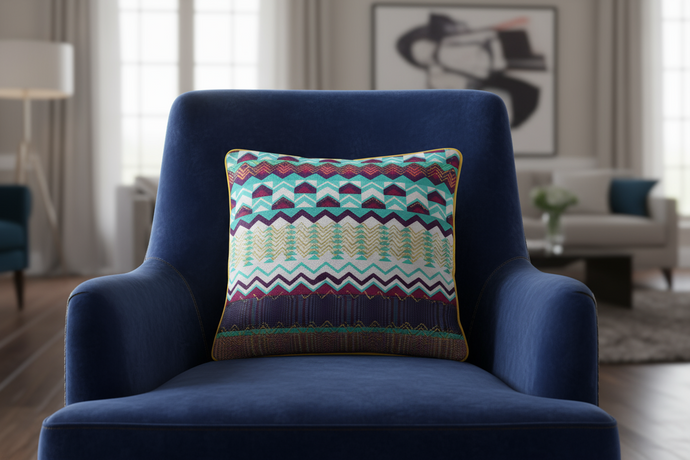Wax cushion on dark blue armchair