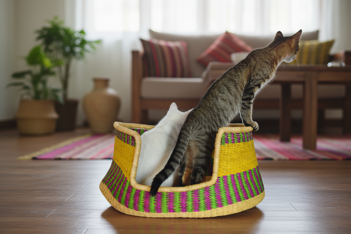 Two cats in a colorful woven pet bed on a wooden floor with a blurred living room background.