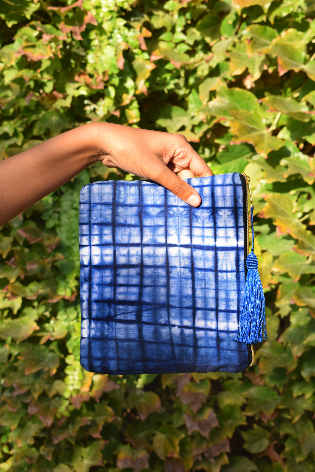 Indigo Grid Tie&Dye pouch