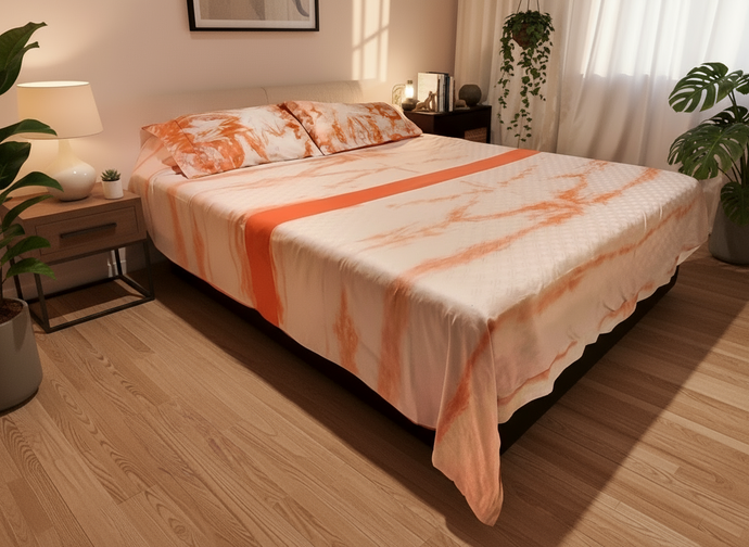 A reversible duvet cover with one side featuring a tie-dye pattern in shades of pink and orange and the other side a plain salmon pink cotton cloth.